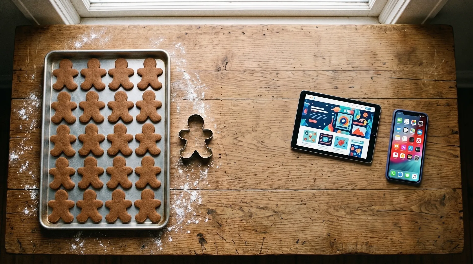 A tray of identical gingerbread-man cookies beside the cutter that stamped them, next to a tablet and phone showing a colorful, one-of-a-kind website design representing our work