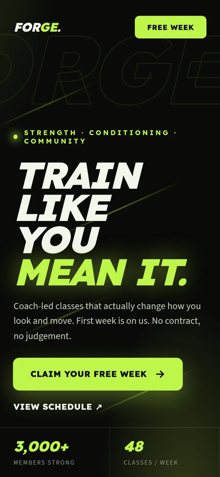 The same fitness page on mobile
