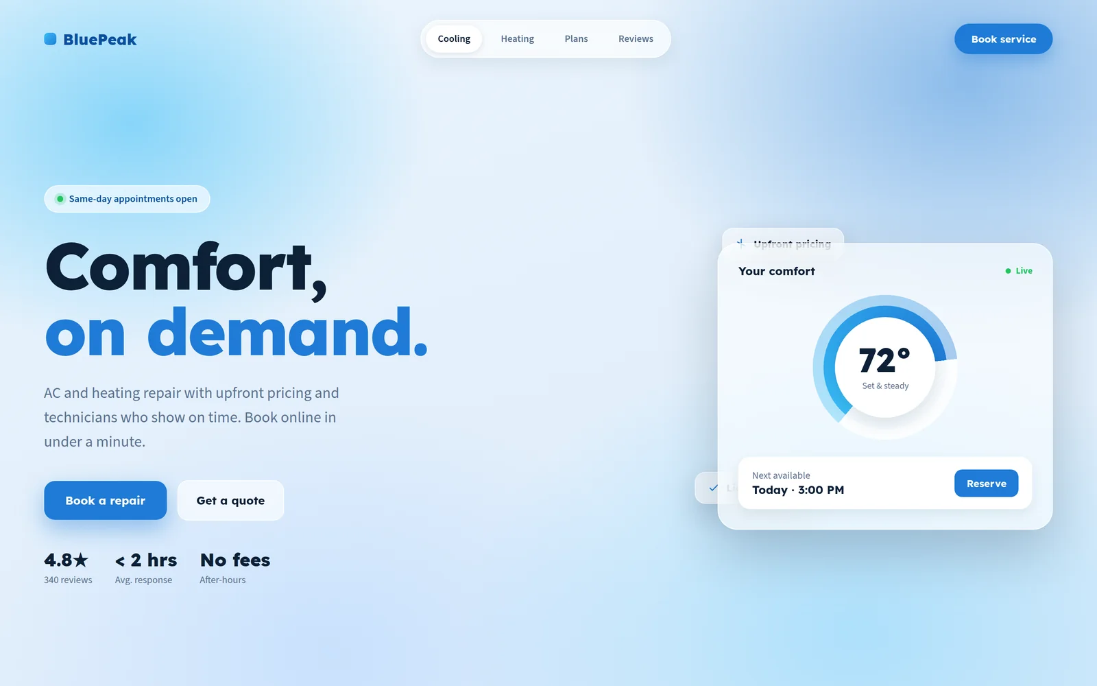 HVAC landing page concept, modern tech-glass design