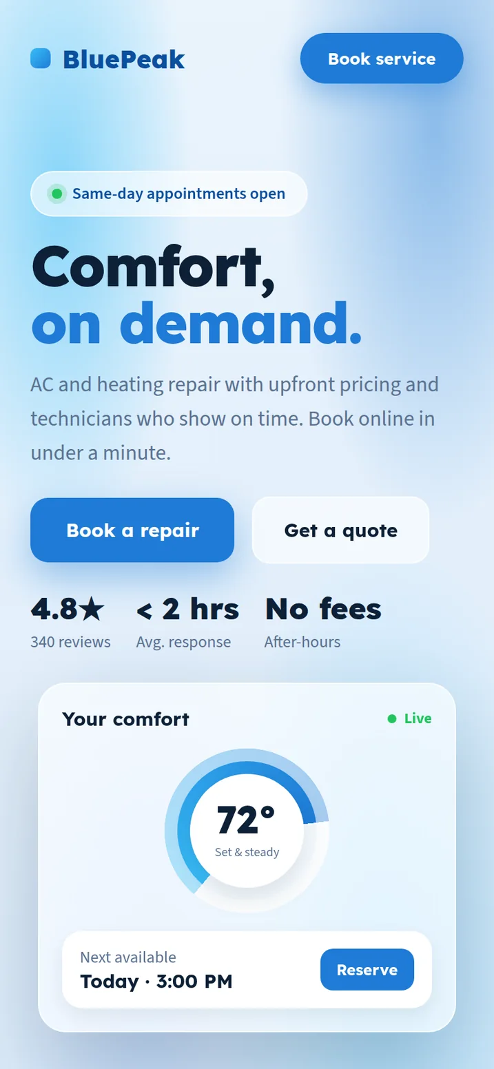 The same HVAC page on mobile