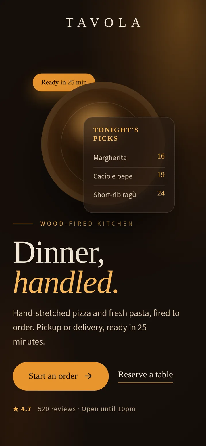 The same restaurant page on mobile