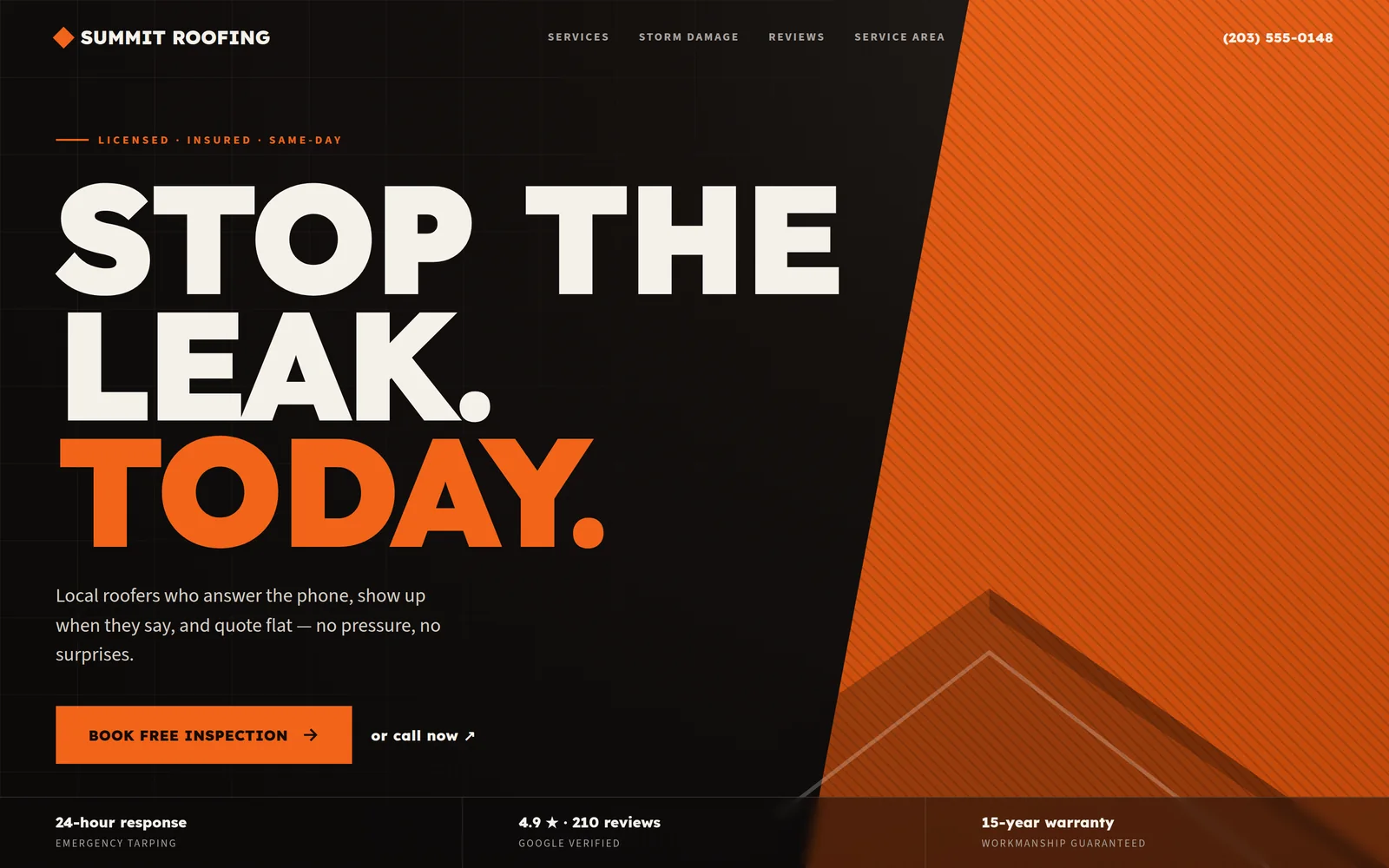 Roofing landing page concept, bold industrial design