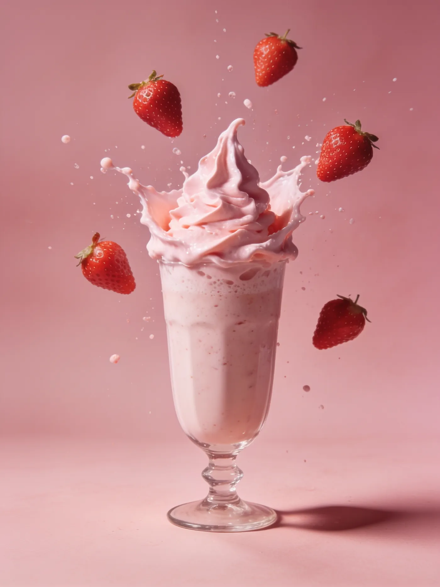 Strawberry milkshake with a crown of splashing pink cream and strawberries suspended mid-air