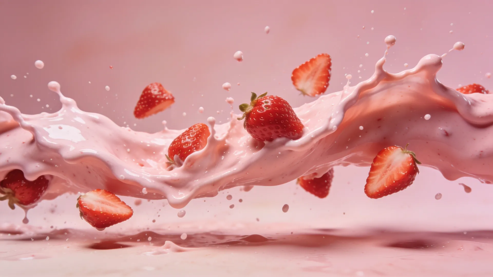 A wave of pink strawberry cream with strawberries tumbling through it